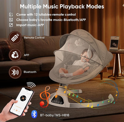 “ Elektrische® Babywippe 5-in-1: Mit 5 Schaukelgeschwindigkeiten, App- und Fernbedienung, Timer, Musik und Spielzeug.