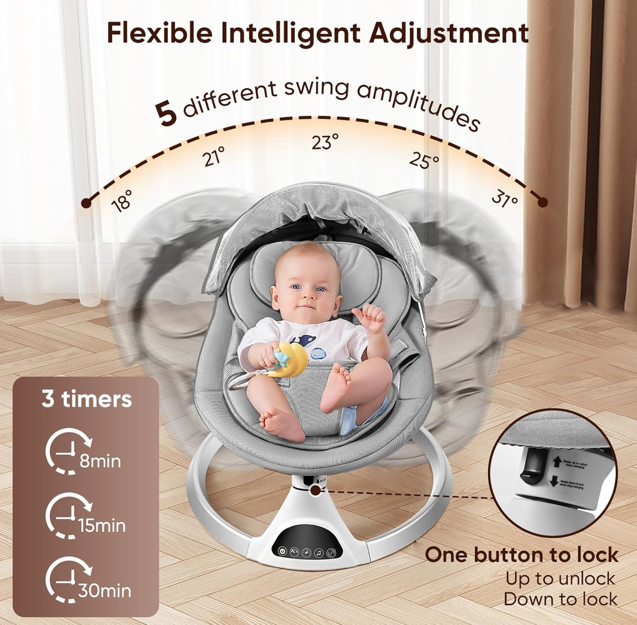 “ Elektrische® Babywippe 5-in-1: Mit 5 Schaukelgeschwindigkeiten, App- und Fernbedienung, Timer, Musik und Spielzeug.