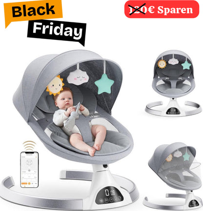 “ Elektrische® Babywippe 5-in-1: Mit 5 Schaukelgeschwindigkeiten, App- und Fernbedienung, Timer, Musik und Spielzeug.